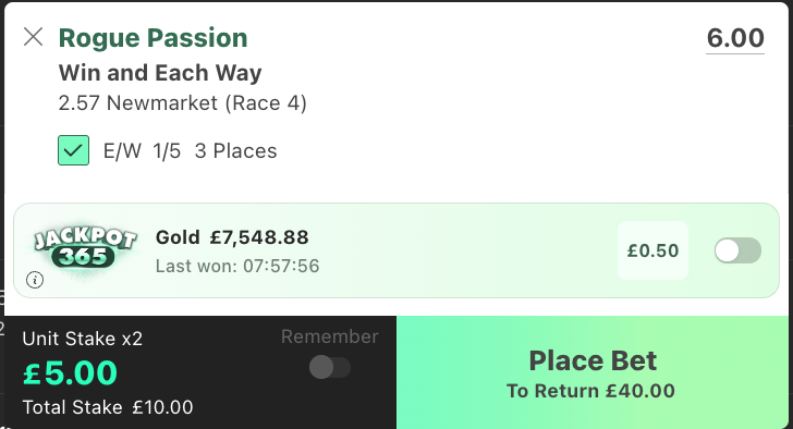 Betslip with E/W box ticked and unit staked doubled